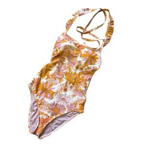 Kona sol one piece orange and purple floral swimsuit womens small